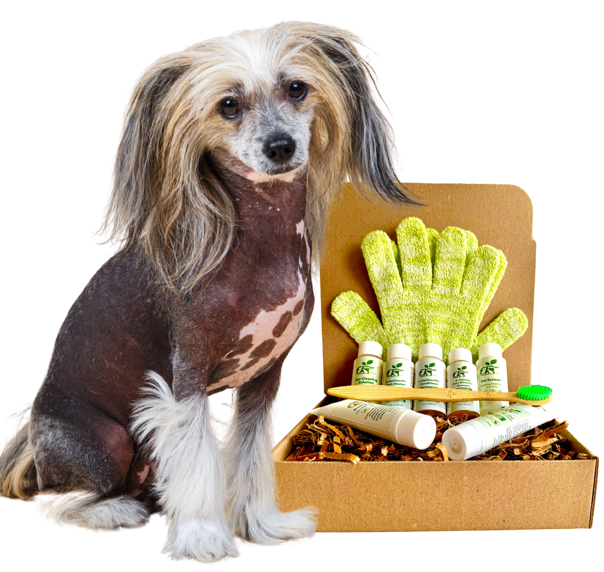 ReNewedPet gentle grooming products for dogs including conditioner and grooming gloves in a gift box