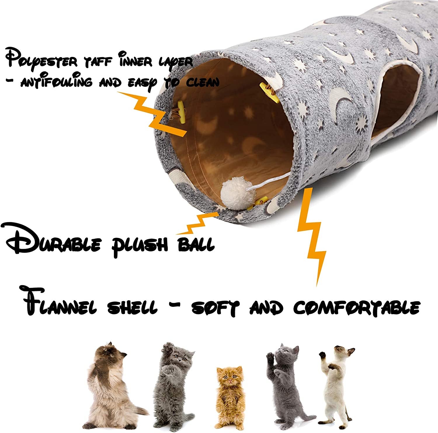 Glow in the dark cat tunnel with plush ball and soft flannel shell for playful pets