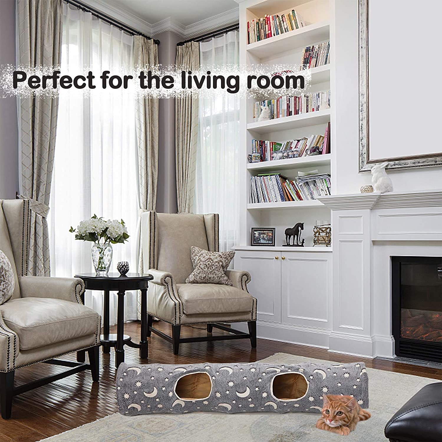 Cozy glow in the dark cat tunnel placed in a stylish living room with seating area and decor