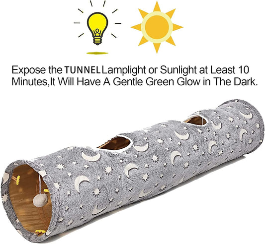 Glow in the dark cat tunnel with playful moon and star design for interactive pet fun