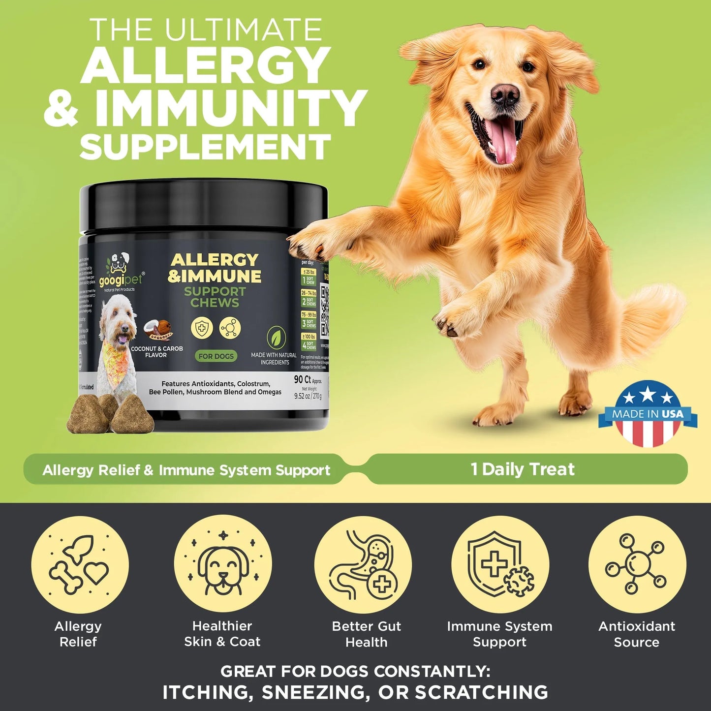 Googipet - Allergy & Immune Support Chews for Dogs (Coconut & Carob Flavor) - Vitamins & Supplements