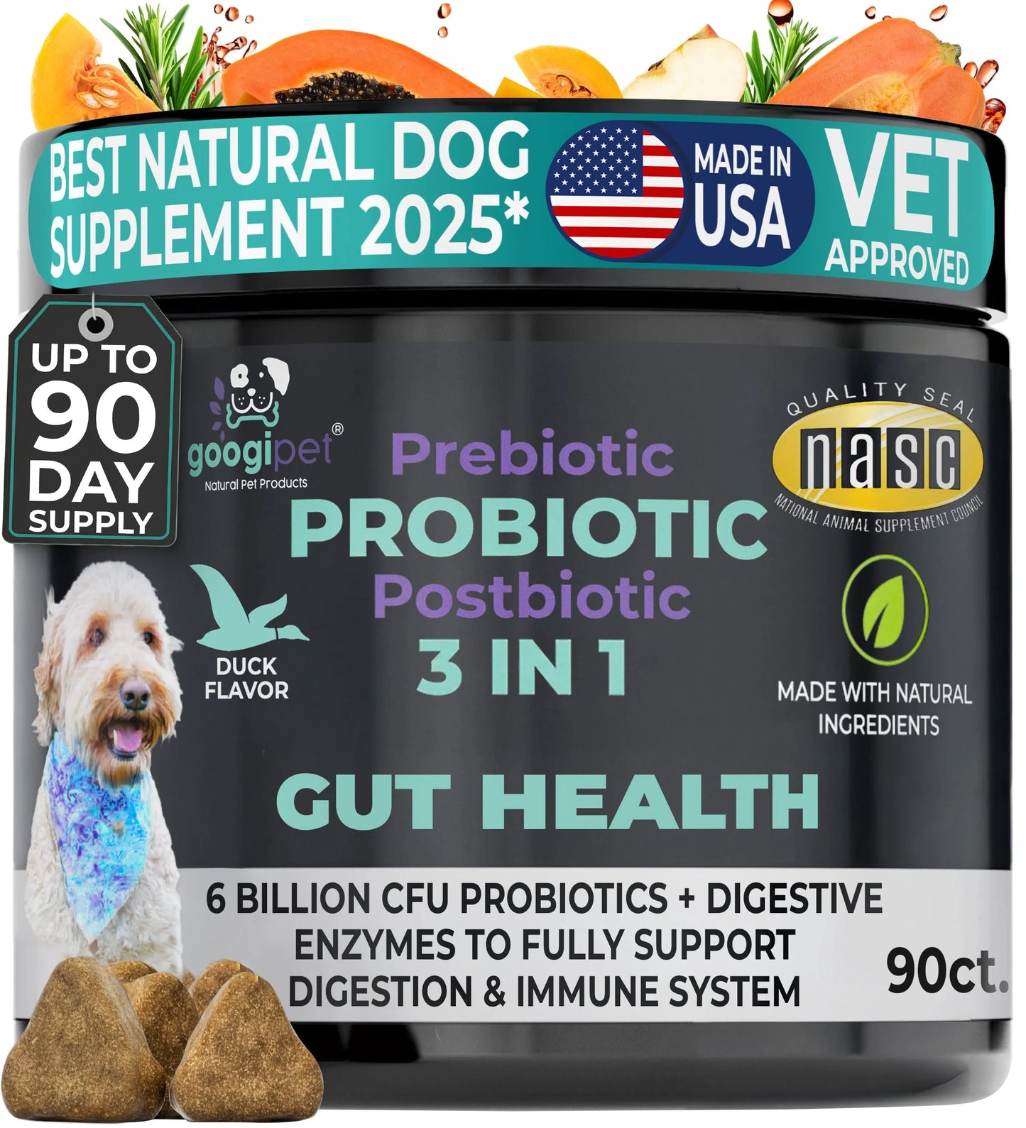 Googipet - Dog Health-3-in-1 Probiotic Digestive Health Chews 60ct - Vitamins & Supplements