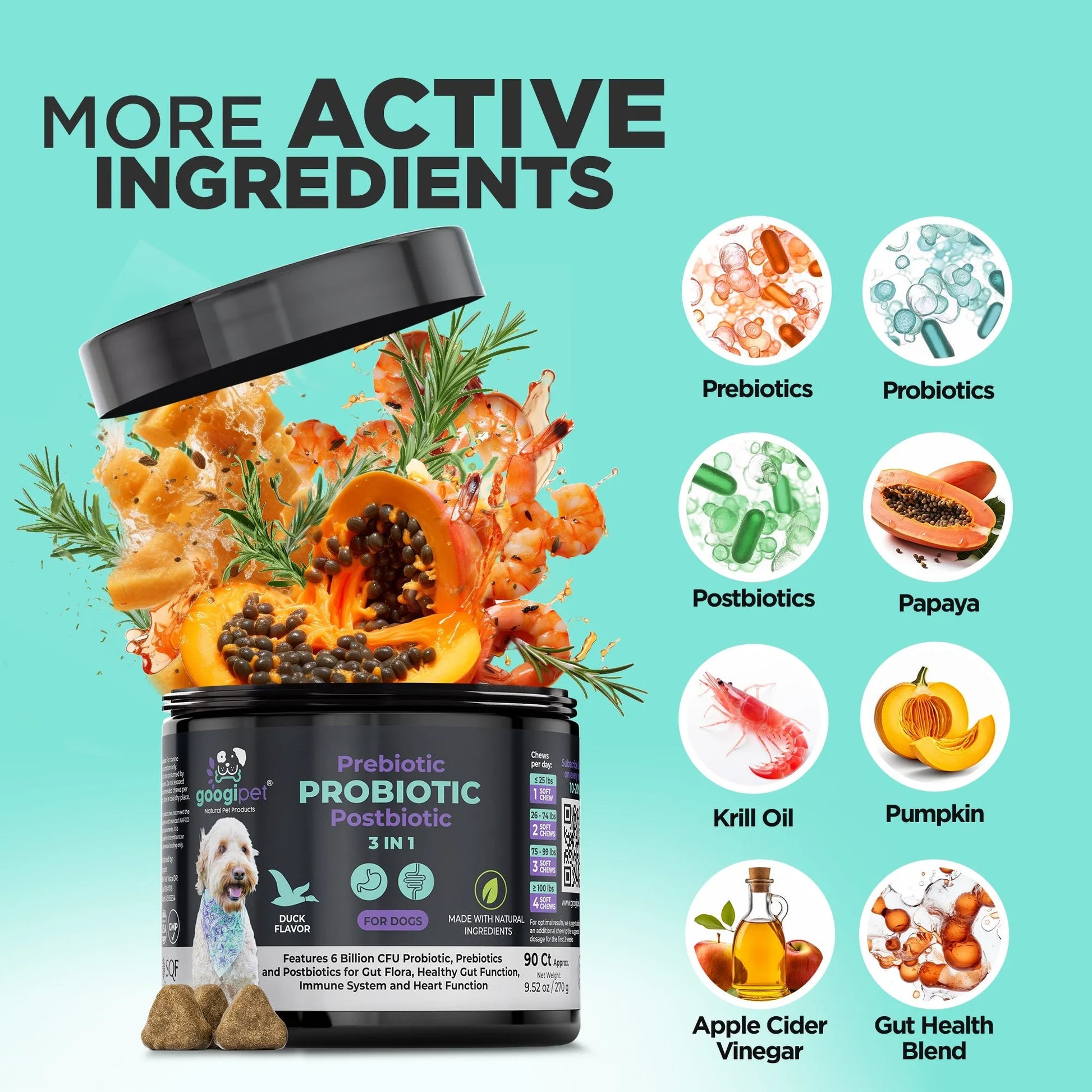 Googipet - Dog Health-3-in-1 Probiotic Digestive Health Chews 60ct - Vitamins & Supplements