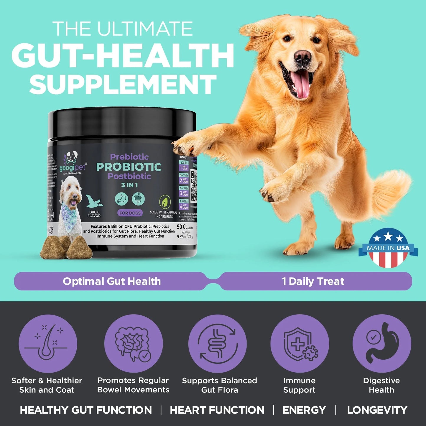 Googipet - Dog Health-3-in-1 Probiotic Digestive Health Chews 60ct - Vitamins & Supplements