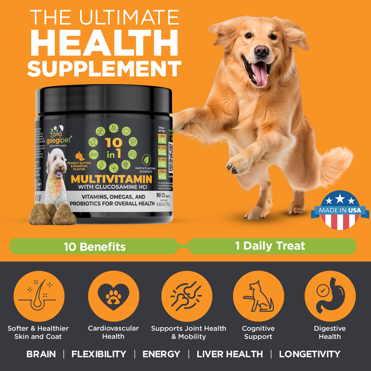 Googipet dog supplements peanut butter pumpkin flavor for overall health in a convenient daily treat