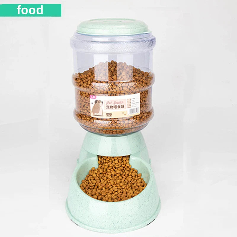 Gravity pet water and food dispenser with transparent container and green base for easy feeding