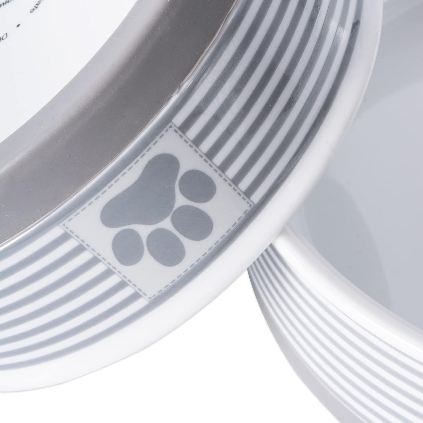 Gray ceramic pet dishes 2 piece set with striped design and paw print detail for stylish feeding