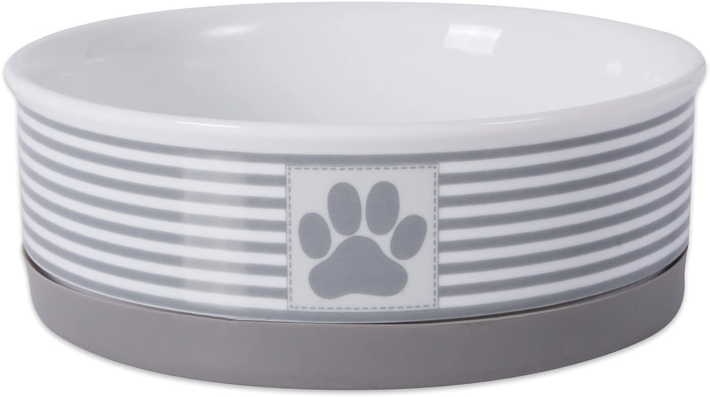 Stylish gray ceramic pet dishes 2 piece with paw print design and striped pattern