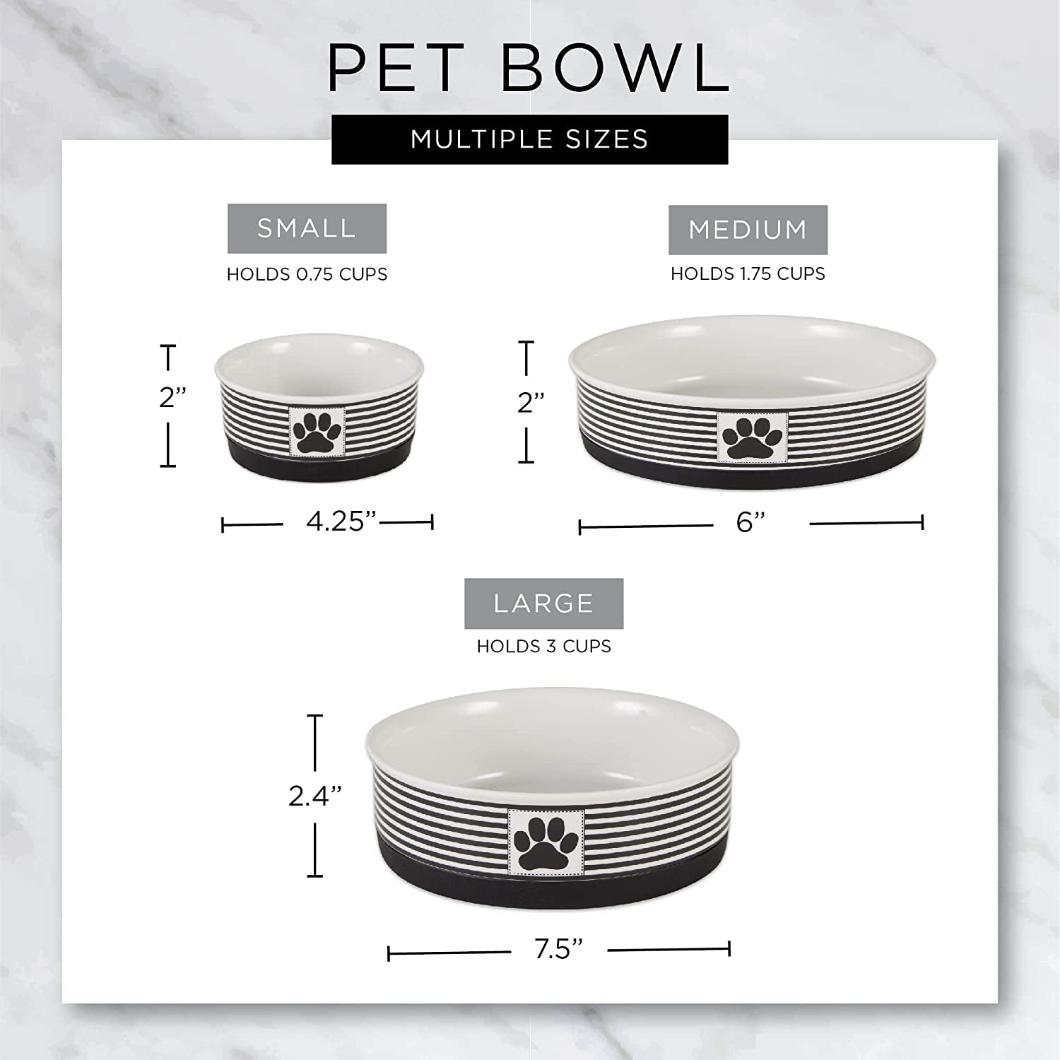 Gray ceramic pet dishes 2 piece set with cute paw print design and various sizes for pets