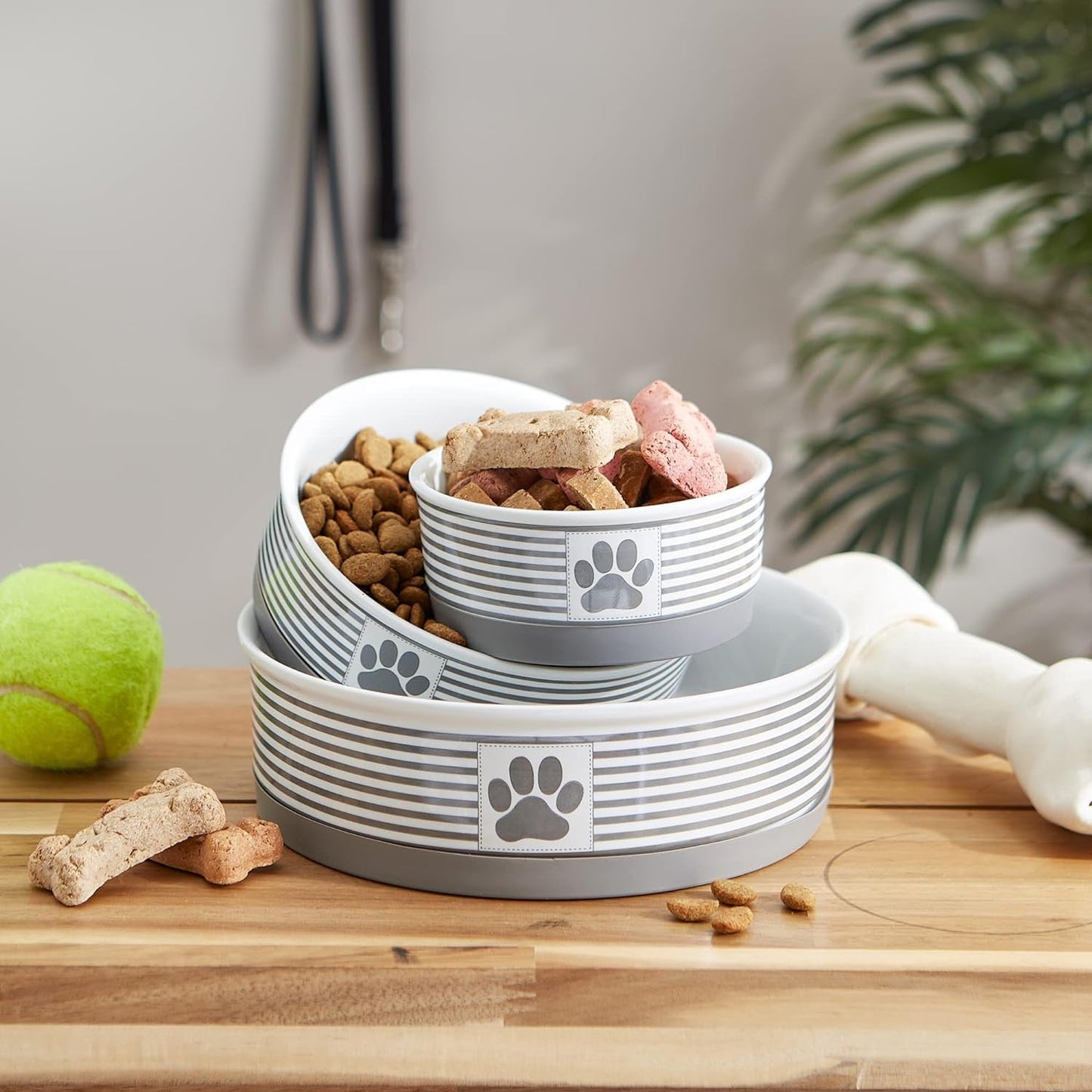 Gray ceramic pet dishes 2 piece set designed for feeding dogs or cats with paw print design