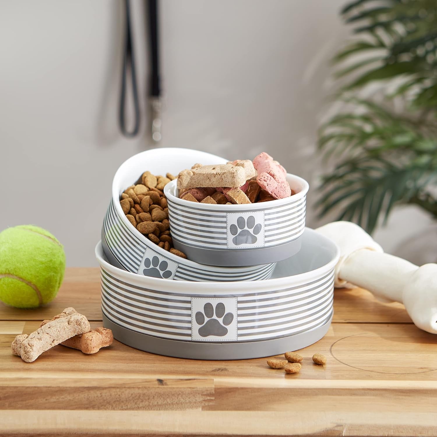 Gray ceramic pet dishes 2 piece set designed for feeding dogs or cats with paw print design