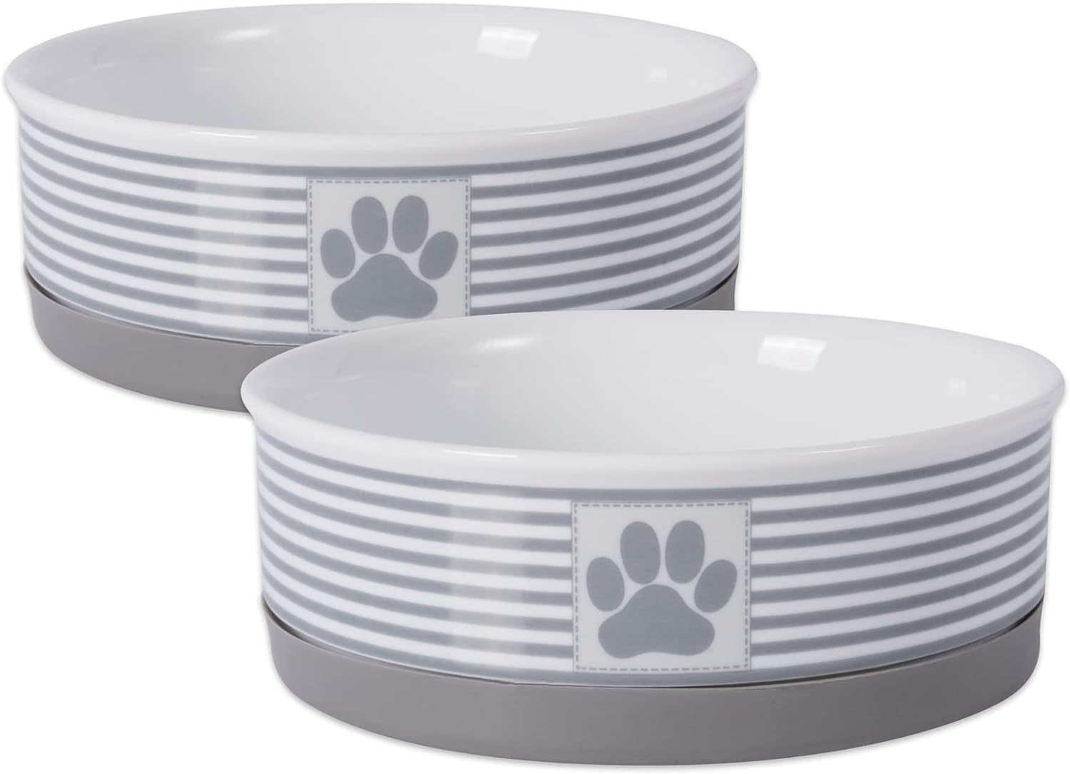 Gray ceramic pet dishes 2 piece with paw print design and striped pattern for stylish feeding