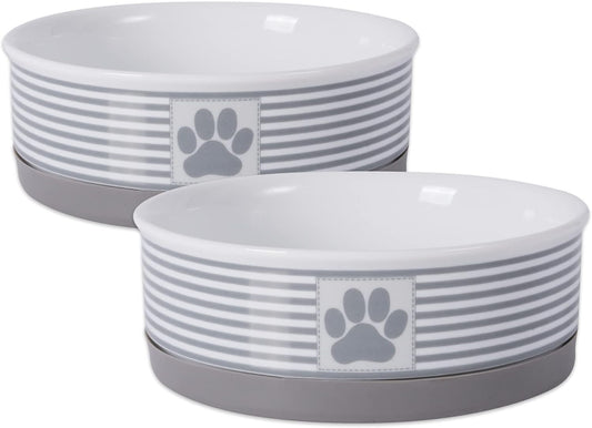 Gray ceramic pet dishes 2 piece with paw print design and striped pattern for stylish feeding