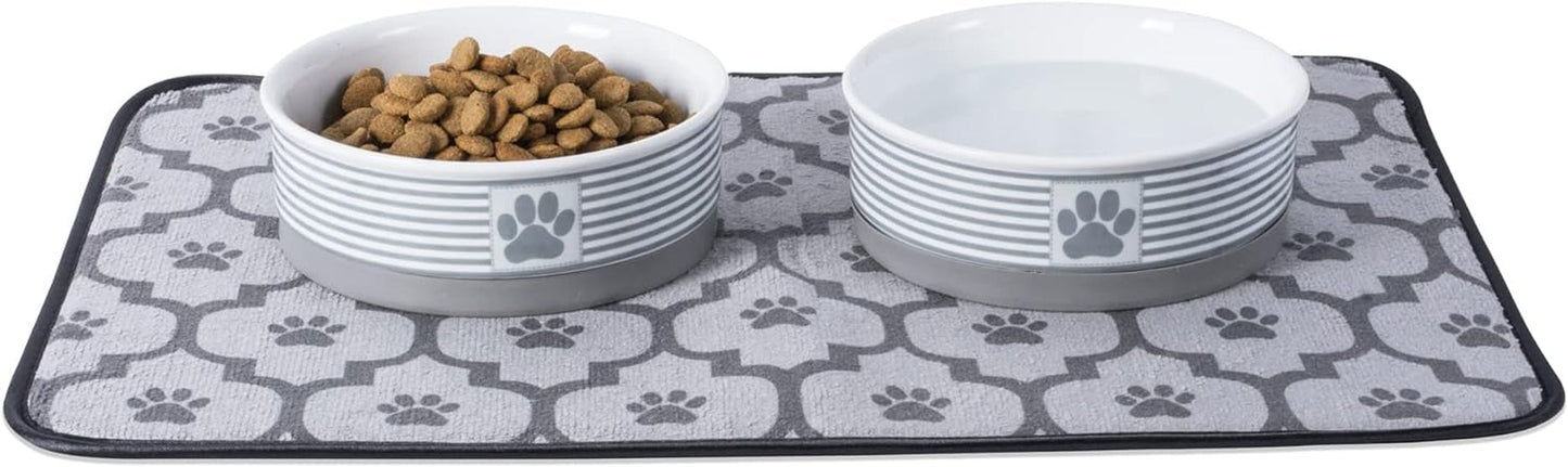 Gray ceramic pet dishes 2 piece set with non-slip mat for food and water
