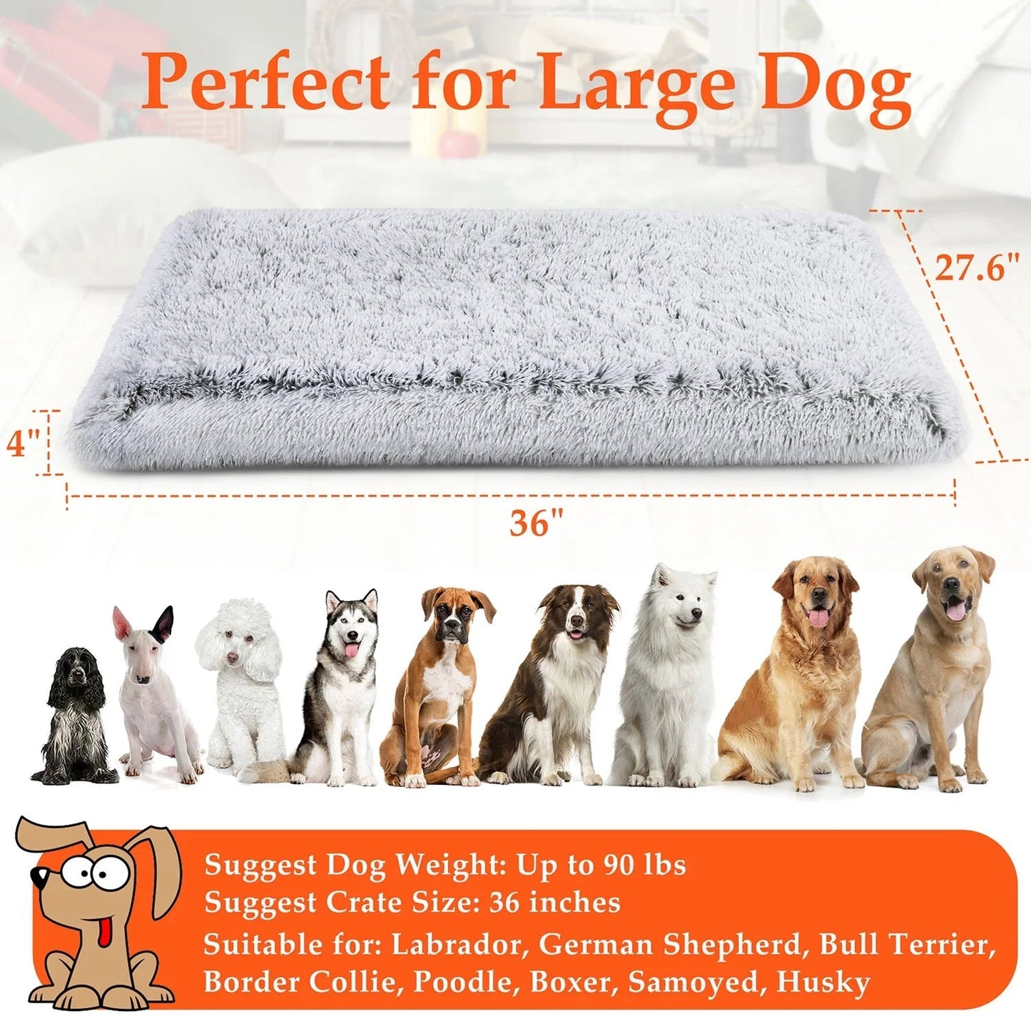 Gray large pet bed orthopedic for dogs up to 90 lbs, suitable for various breeds with soft plush surface