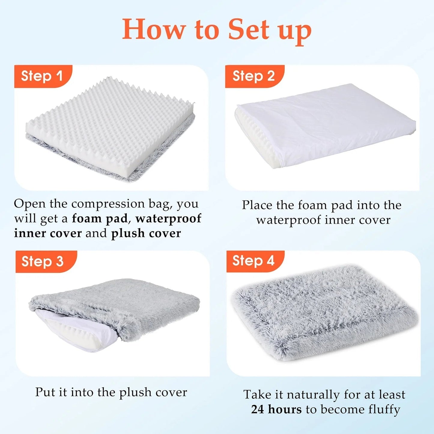 Instructions for setting up the gray large pet bed orthopedic with waterproof cover and fluffy foam pad