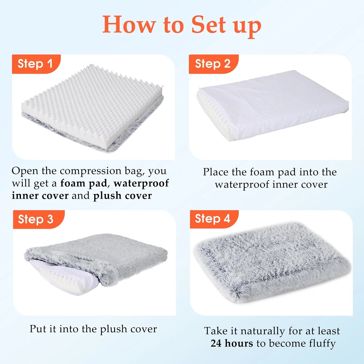 Instructions for setting up the gray large pet bed orthopedic with waterproof cover and fluffy foam pad