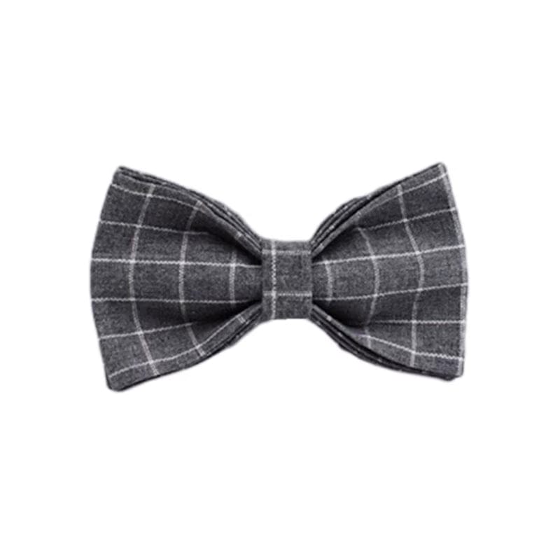 Purrfect Pet Kingdom gray plaid fabric bow tie with white windowpane pattern for a small breed dog harness set.