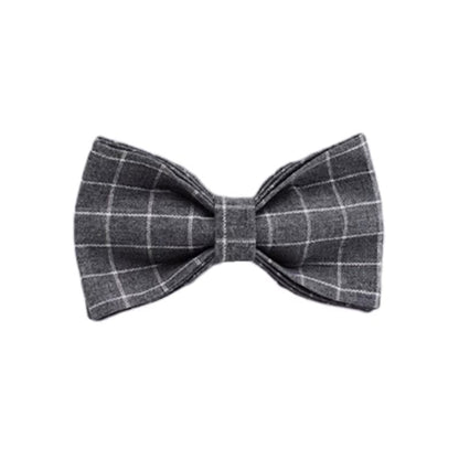 Purrfect Pet Kingdom gray plaid fabric bow tie with white windowpane pattern for a small breed dog harness set.
