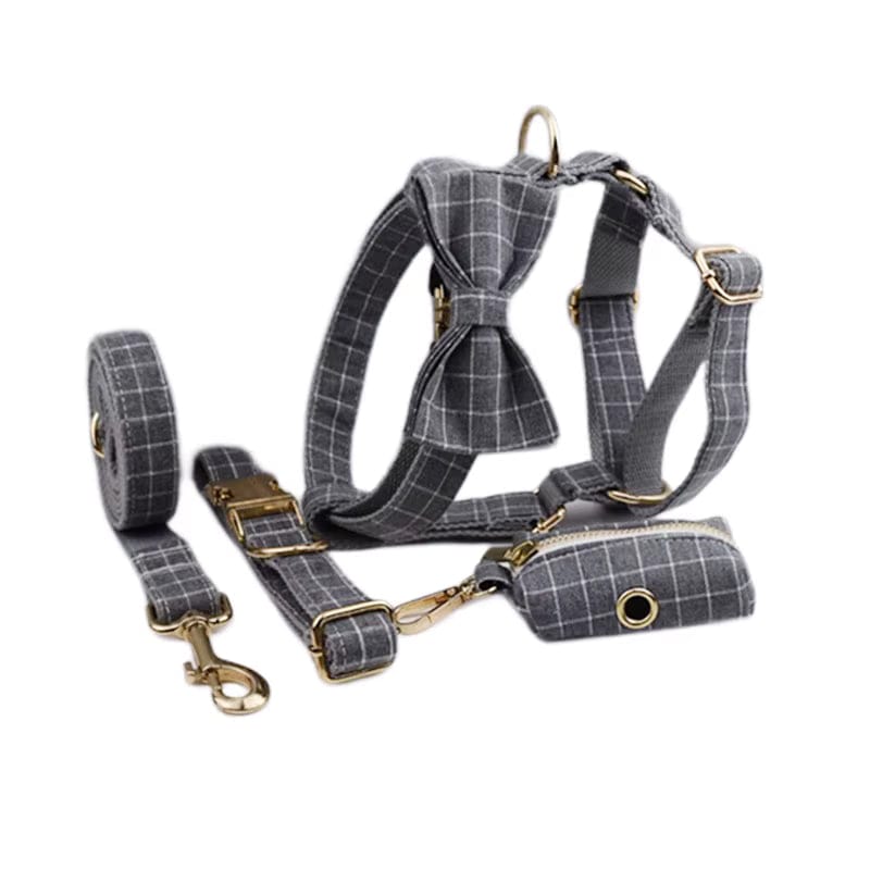 Custom Gray Plaid Dog Harness Set for Small Breed Puppies