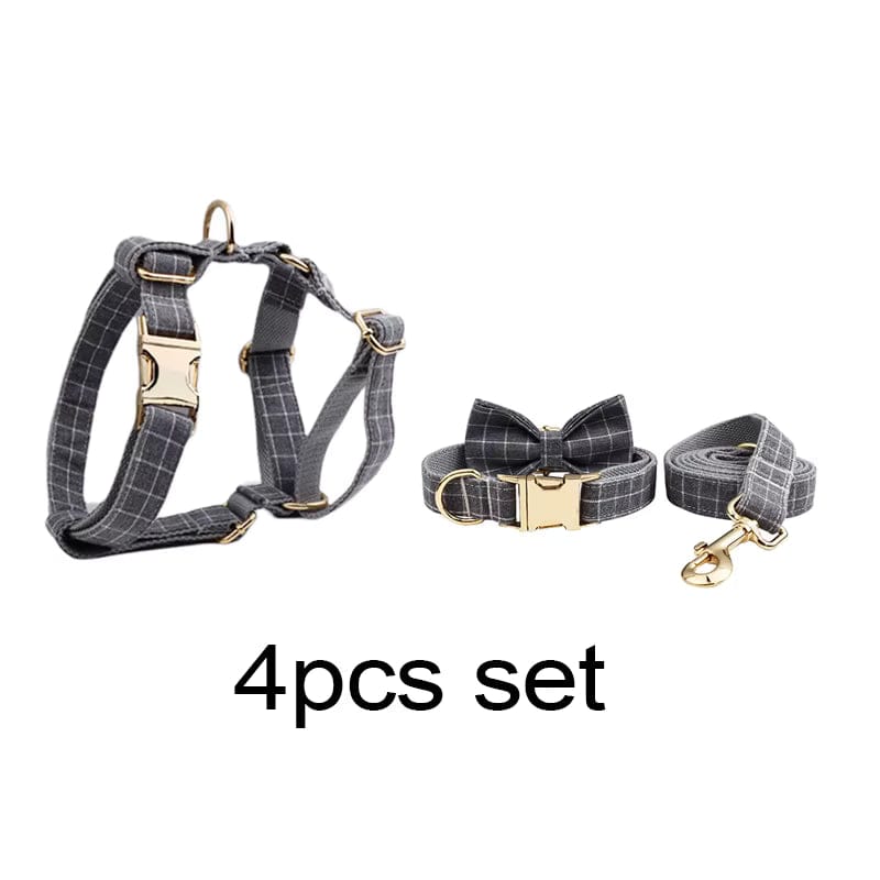 Custom Gray Plaid Dog Harness Set for Small Breed Puppies