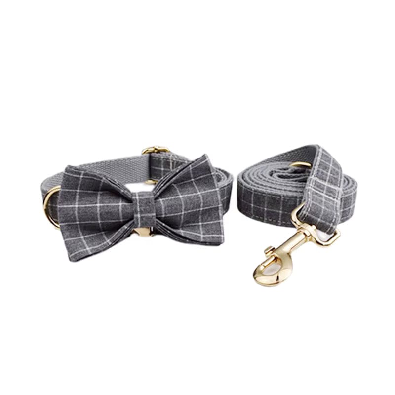 Custom Gray Plaid Dog Harness Set for Small Breed Puppies
