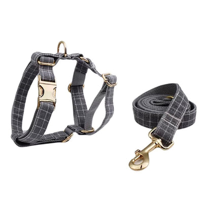 Custom Gray Plaid Dog Harness Set for Small Breed Puppies