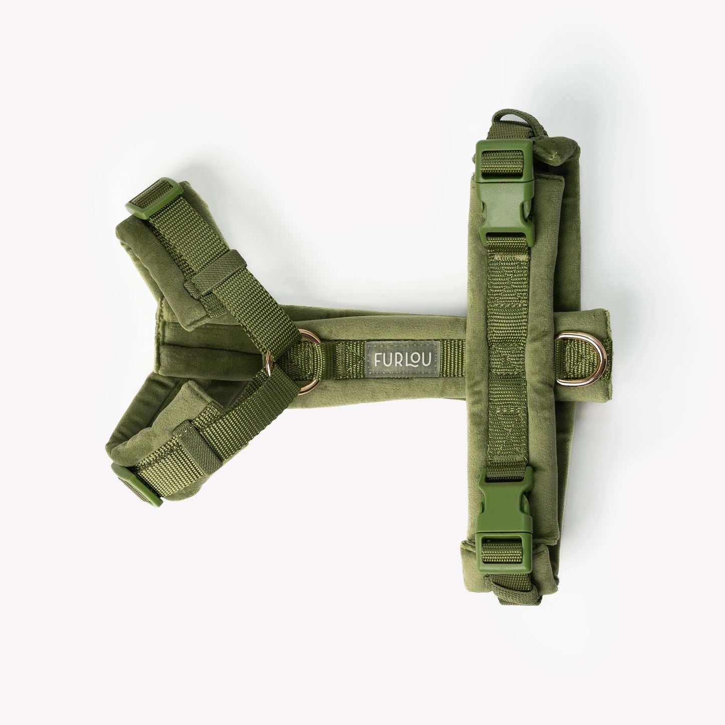 Green velvet dog harness by FURLOU, available in EXTRA SMALL, SMALL, and MEDIUM sizes, perfect for stylish pet walks.