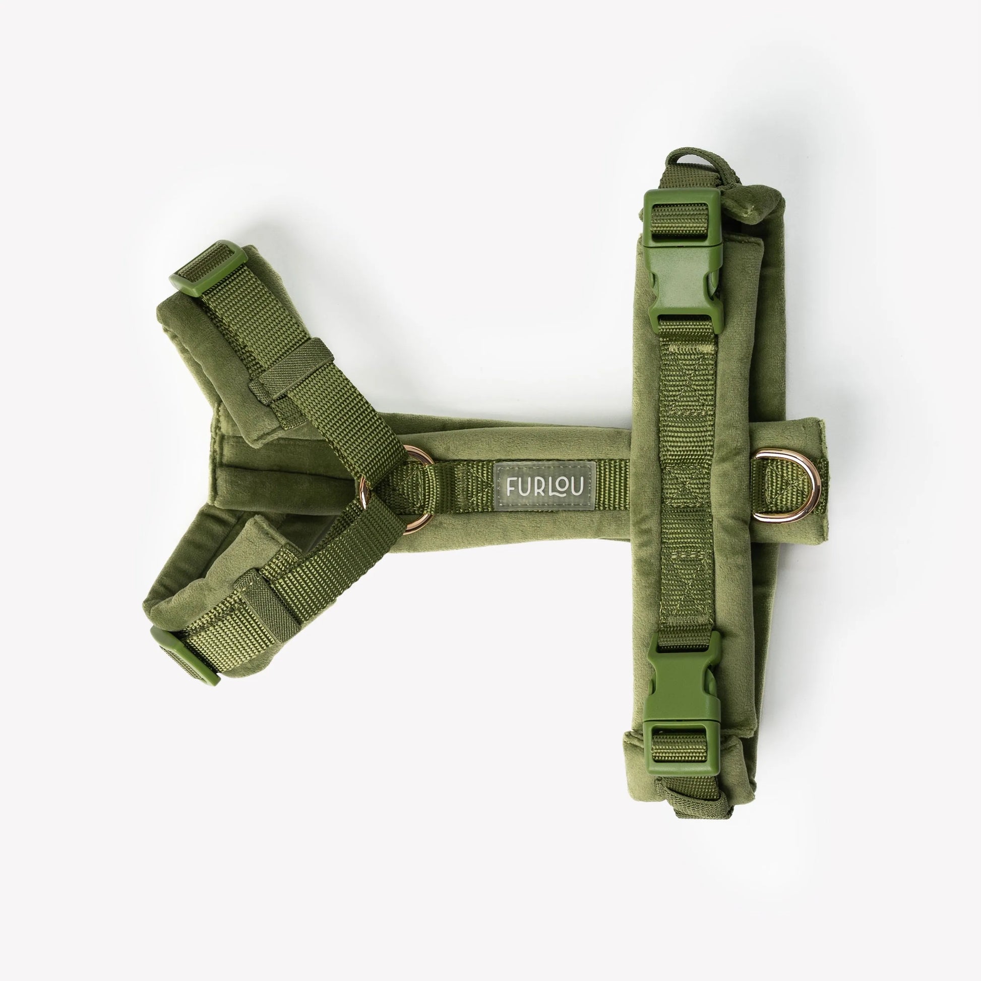 Green velvet dog harness by Purrfect Pet Kingdom, available in EXTRA SMALL, SMALL, and MEDIUM sizes for stylish pet comfort.