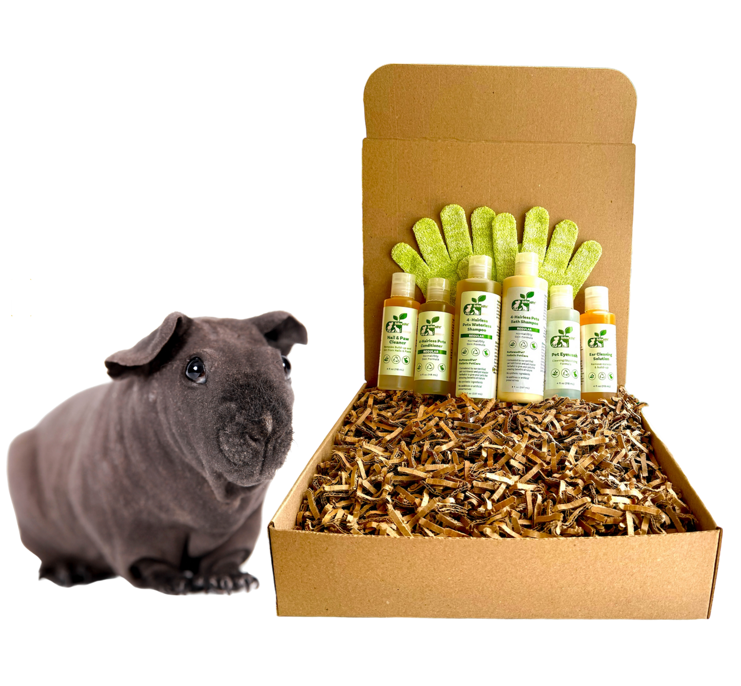 ReNewedPet grooming kit for hairless pets with shampoo, conditioning spray, and grooming gloves