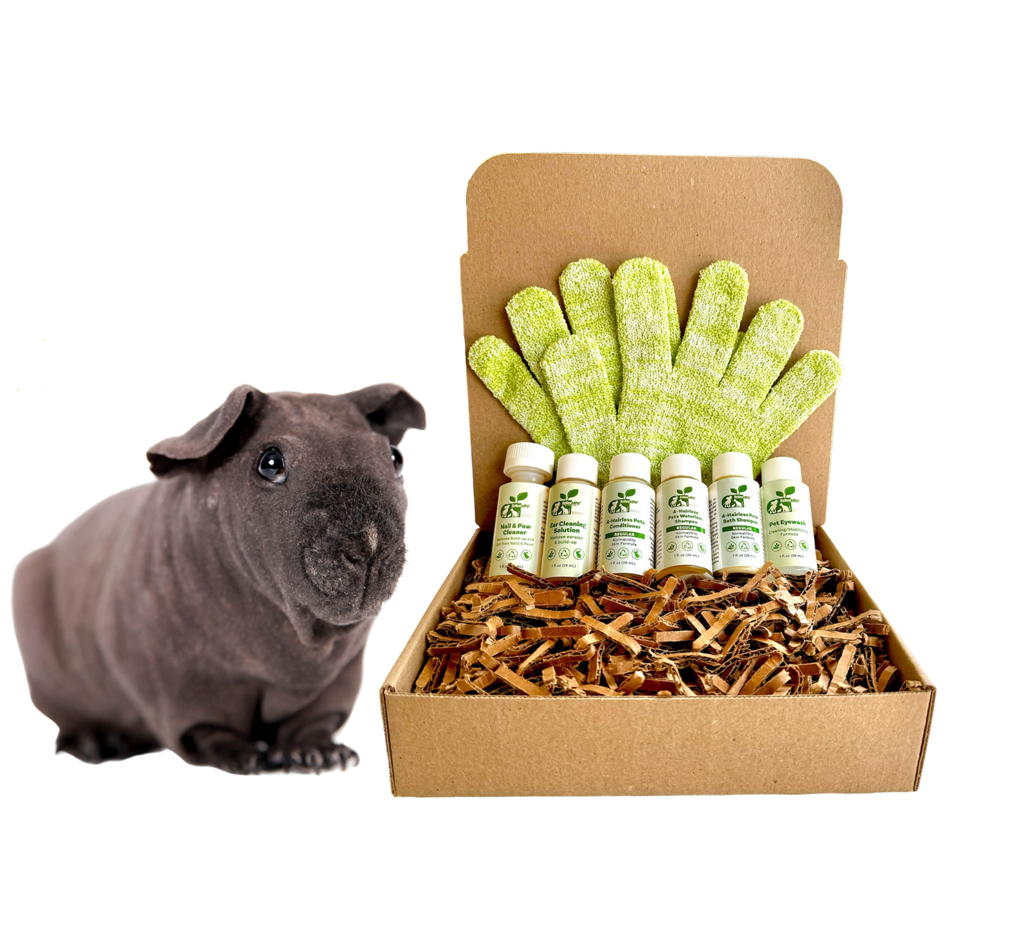 ReNewedPet grooming kit for hairless pets with grooming gloves and care products in a box