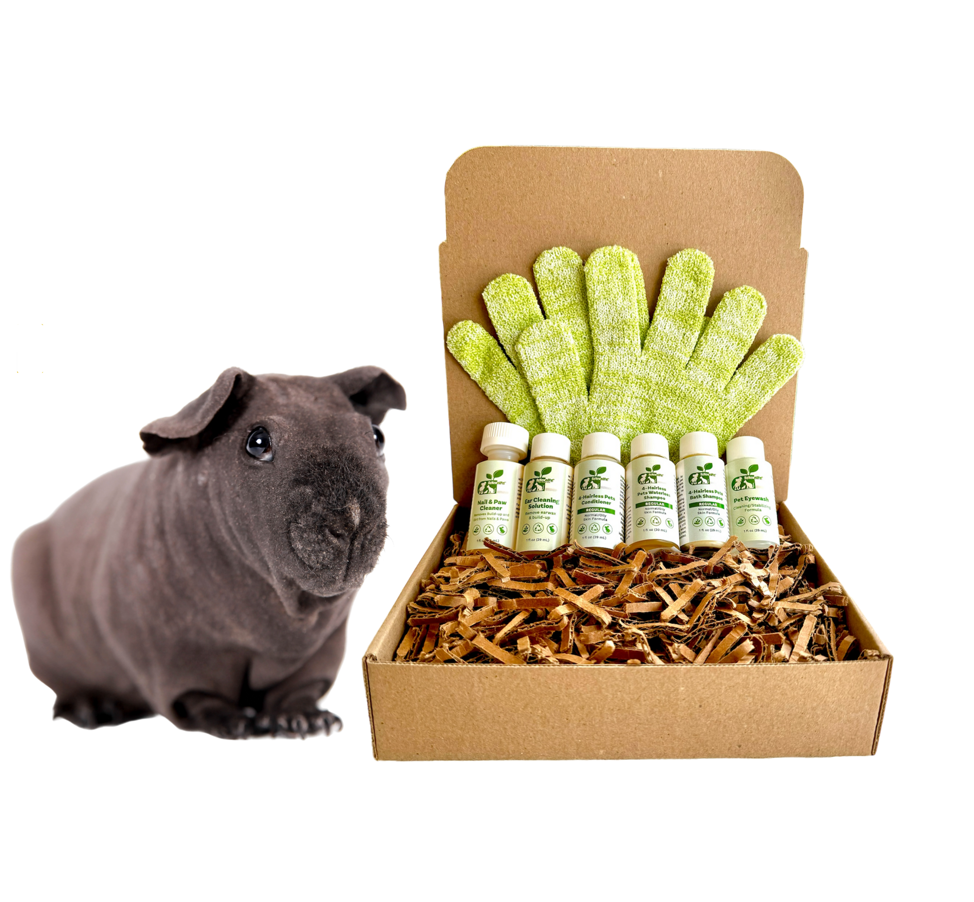ReNewedPet grooming kit for hairless pets with grooming gloves and care products in a box