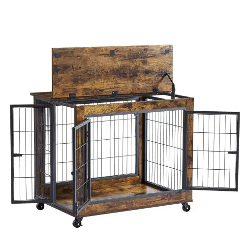 Rolling Rustic Brown Dog Crate Table with Double Doors - Ameraeon