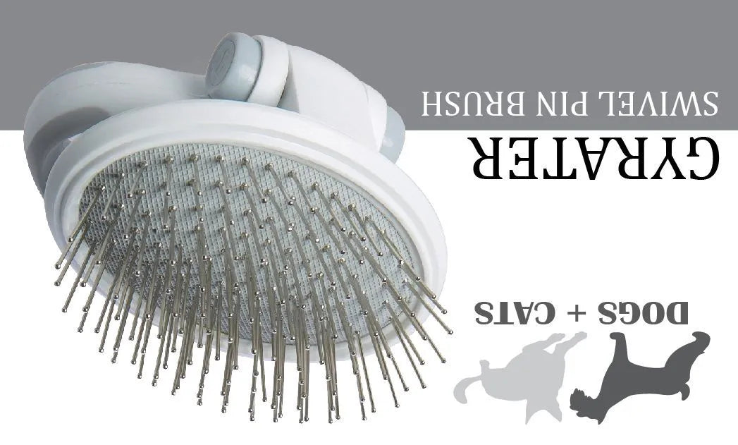 Gyrater Swivel Travel Pet Pin Brush by Purrfect Pet Kingdom®, featuring an ergonomic TPR grip, ideal for grooming pets on-the-go.