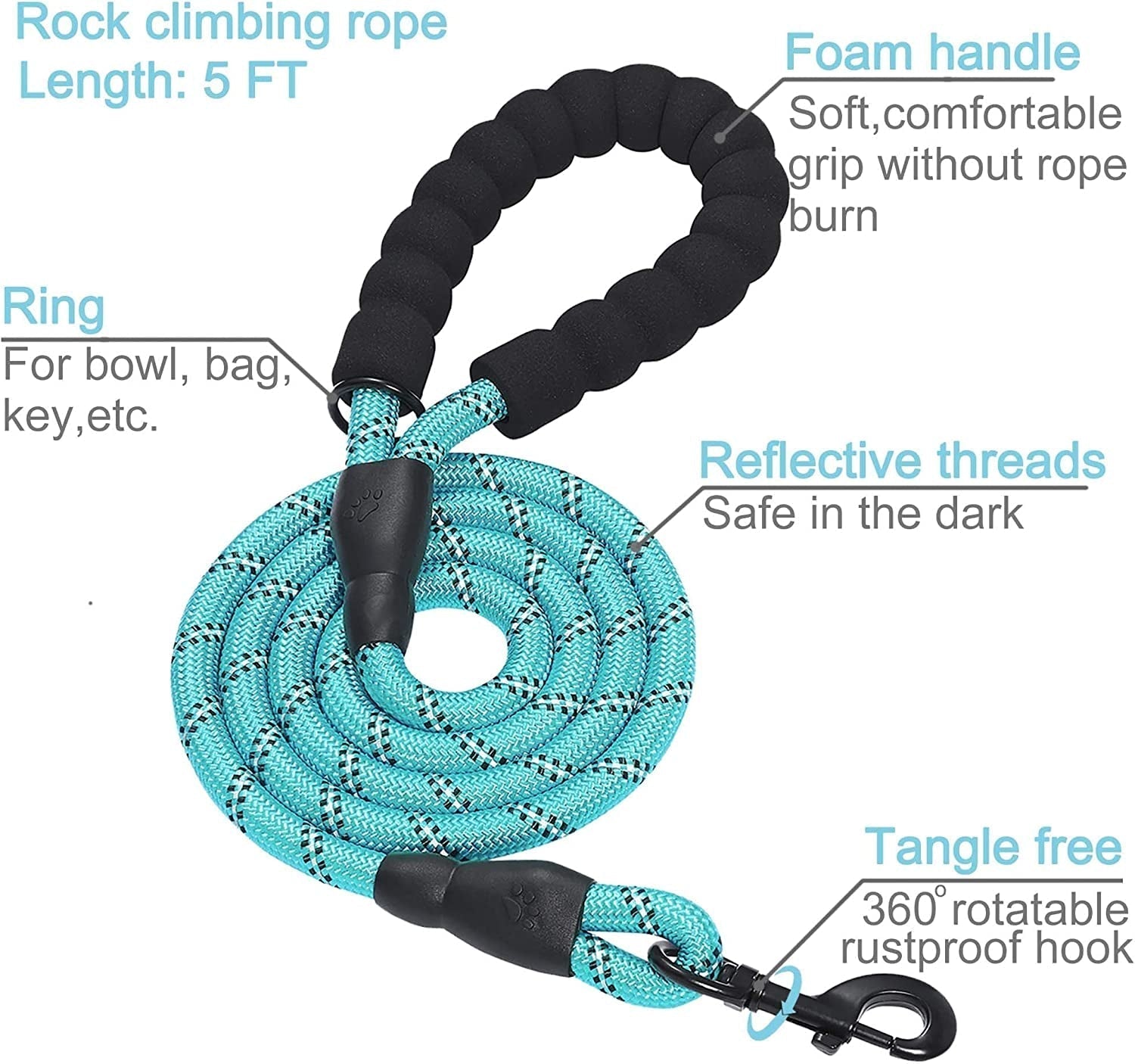 Durable dog obedience collar set with 5 ft rock climbing rope and foam handle for comfort