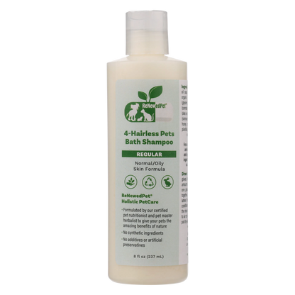 Hairless Cat Shampoo by ReNewedPet in a vibrant bottle, available in sizes: 4 oz, 8 oz, and 32 oz for soft, exfoliated skin.