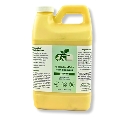 Hairless Cat Shampoo by ReNewedPet in a sleek bottle, available in 4 oz, 8 oz, and 32 oz sizes, includes an exfoliating mitt.