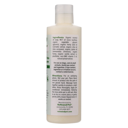 Hairless Cat Shampoo by ReNewedPet in a sleek bottle, available in 4 oz, 8 oz, and 32 oz sizes, includes an exfoliating mitt.