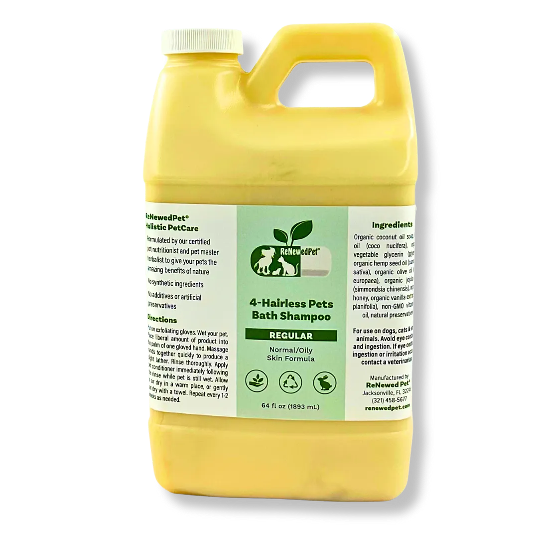 Hairless Cat Shampoo by ReNewedPet in a sleek bottle, available in 4 oz, 8 oz, and 32 oz sizes, includes an exfoliating mitt.