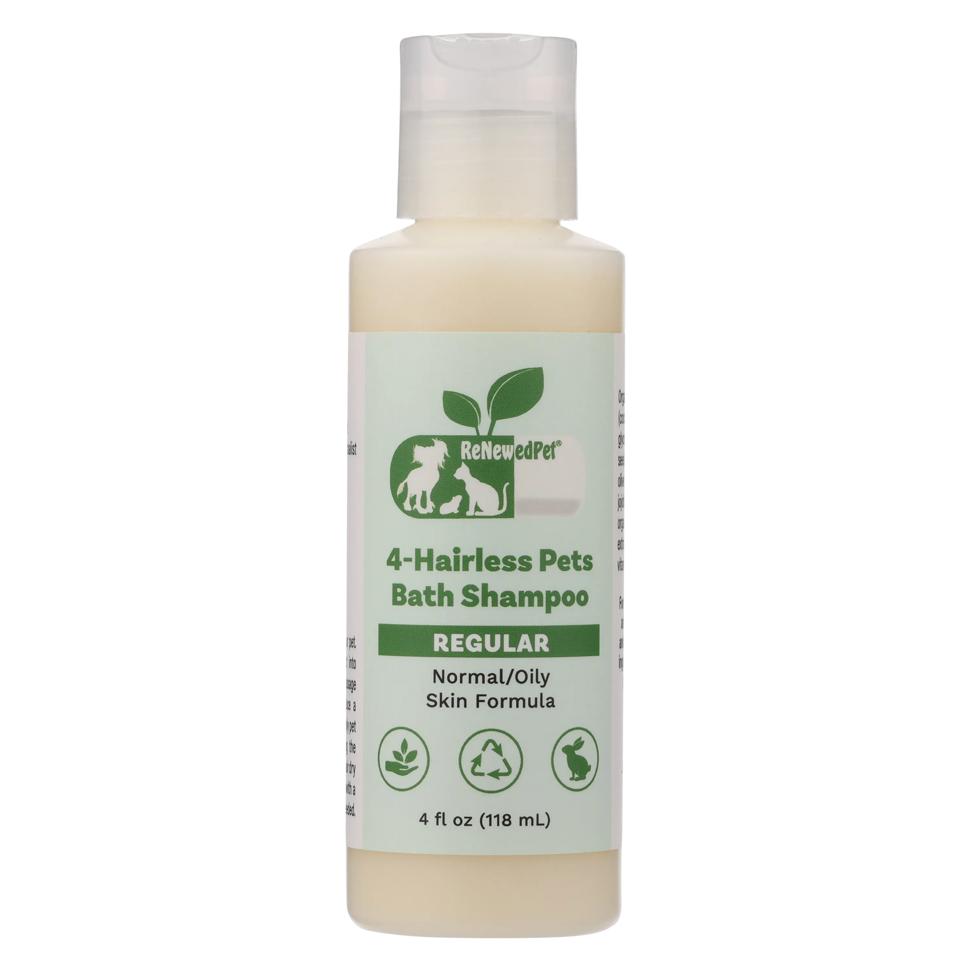 Hairless Cat Shampoo by ReNewedPet in a sleek bottle, available in 4 oz, 8 oz, and 32 oz sizes, includes an exfoliating mitt.