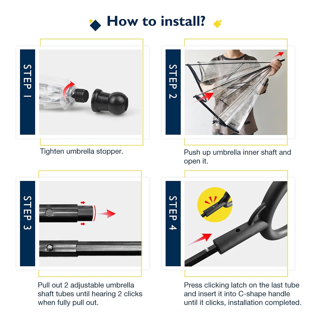 Instructions for installing a hands-free dog rain umbrella with clear step-by-step visuals