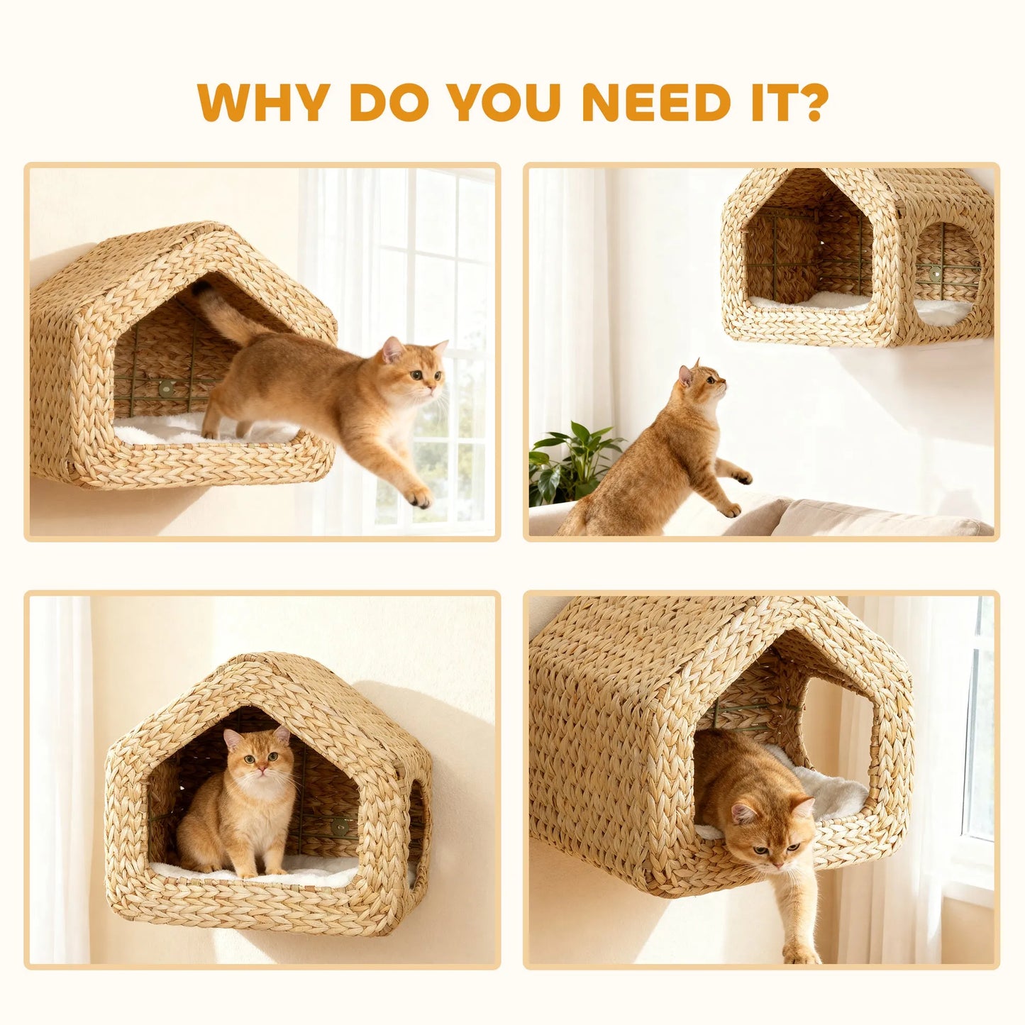 Handwoven Seagrass Wall Mounted Cat House by Purrfect Pet Kingdom in natural wood, sized 420x275x365 mm, perfect for cats.