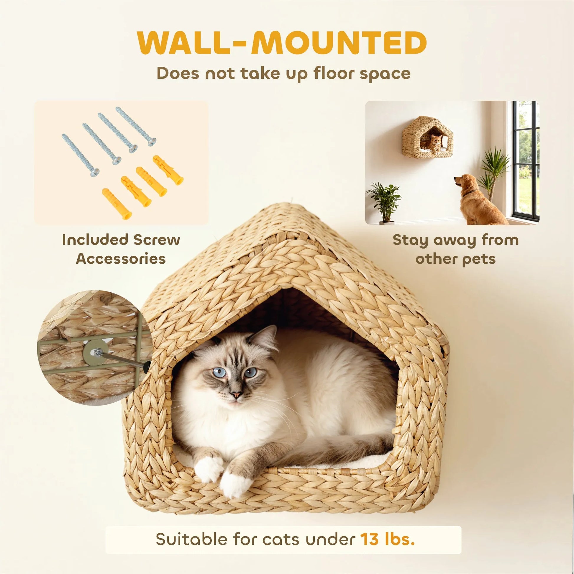 Handwoven Seagrass Wall Mounted Cat House by Purrfect Pet Kingdom in natural wood, sized 420x275x365 mm, perfect for cats.