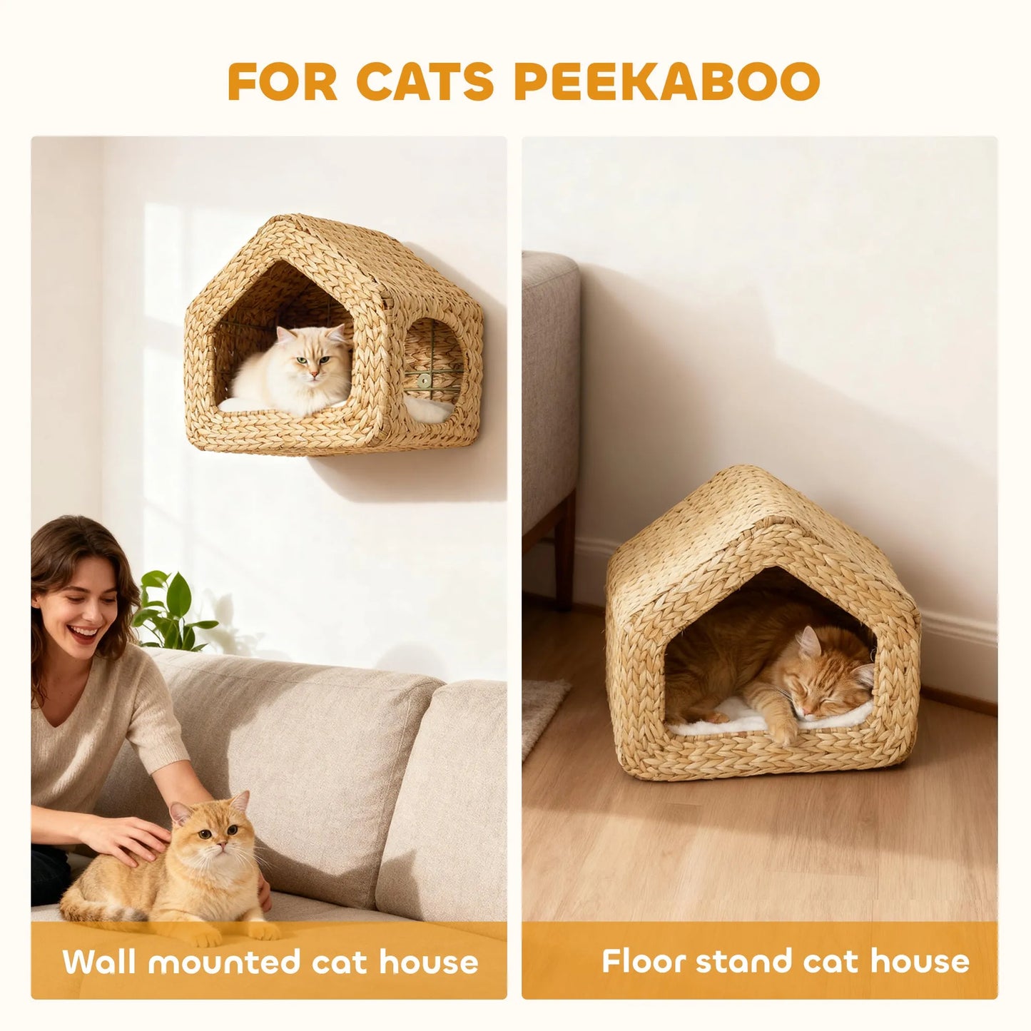 Handwoven Seagrass Wall Mounted Cat House by Purrfect Pet Kingdom in natural wood, sized 420x275x365 mm, perfect for cats.