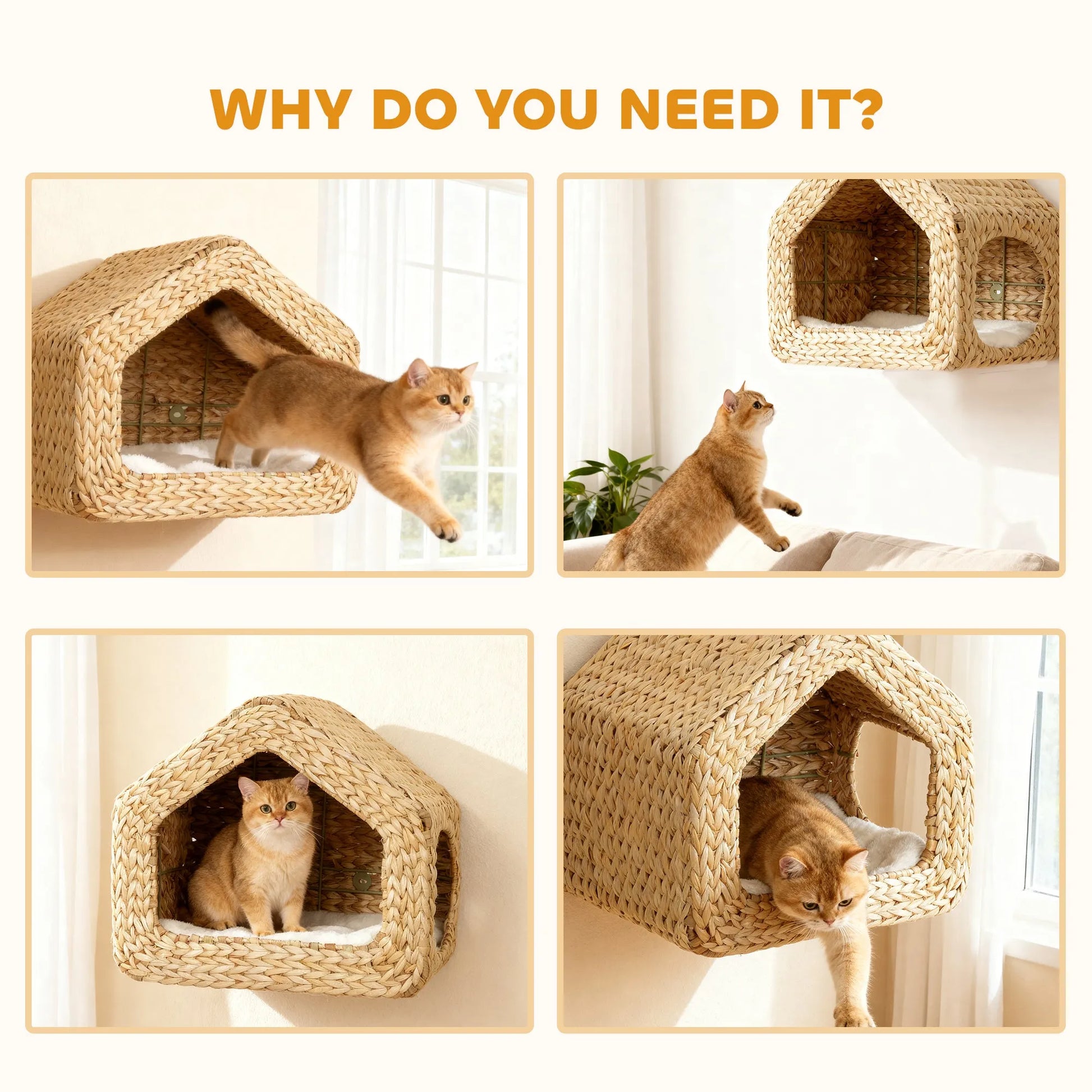 Handwoven Seagrass Wall Mounted Cat House by Purrfect Pet Kingdom in natural wood, sized 420x275x365 mm, perfect for cats.