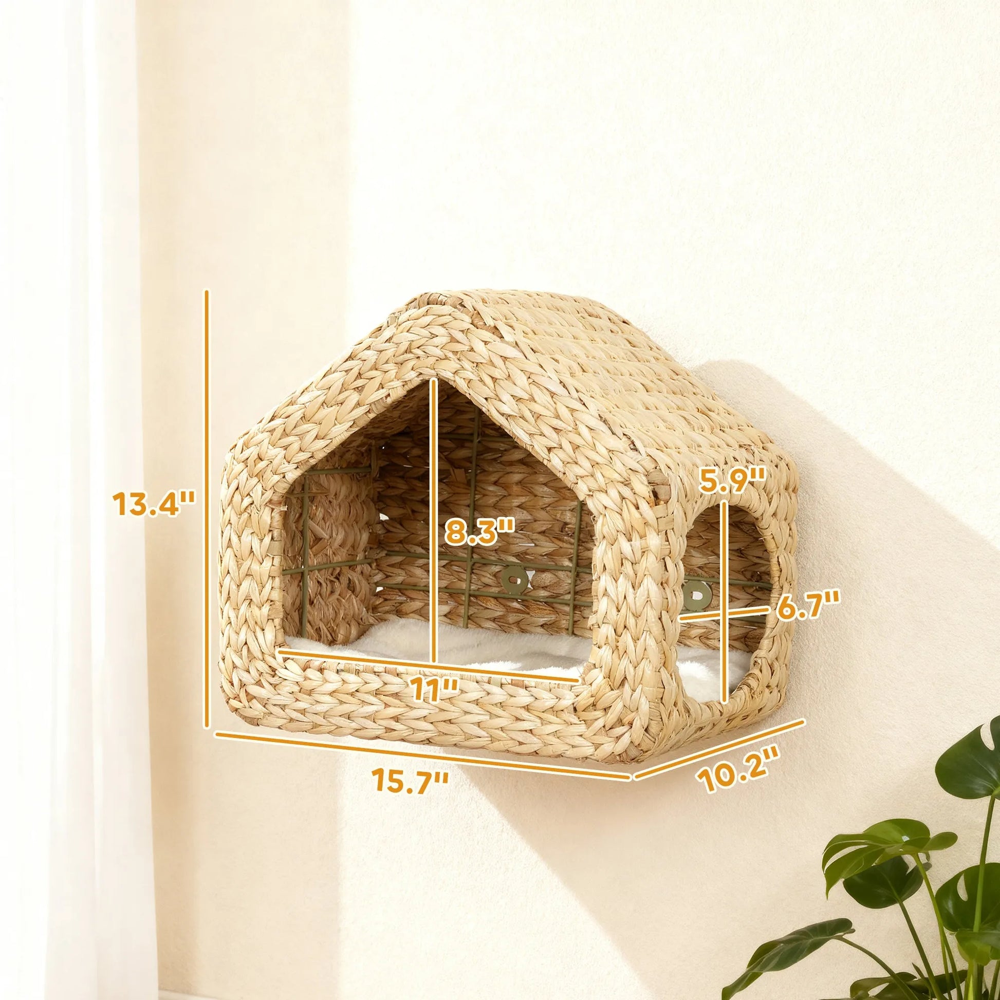 Handwoven Seagrass Wall Mounted Cat House by Purrfect Pet Kingdom in natural wood, sized 420x275x365 mm, perfect for cats.