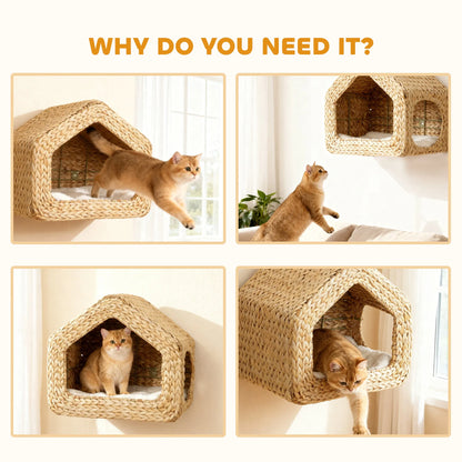 Handwoven Seagrass Wall Mounted Cat House by Purrfect Pet Kingdom in natural wood, sized 420x275x365 mm, perfect for cats.