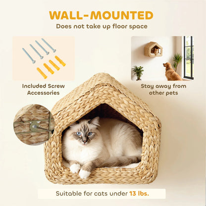 Handwoven Seagrass Wall Mounted Cat House by Purrfect Pet Kingdom in natural wood, sized 420x275x365 mm, perfect for cats.