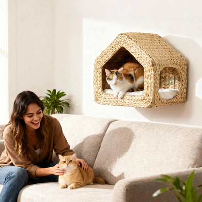 Handwoven Seagrass Wall Mounted Cat House by Purrfect Pet Kingdom in natural wood, sized 420x275x365 mm, perfect for cats.