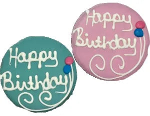 Happy Birthday Round Cookie by The Family Pet, colorful dog treat, perfect for celebrating your pup’s special day, 4.99.